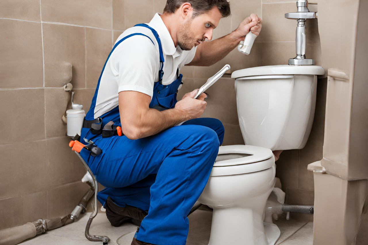 A plumber from Plumbing Works fixing a clogged toilet
