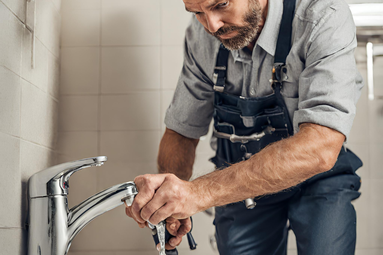 A plumber from Plumbing Works fixing a leaky faucet