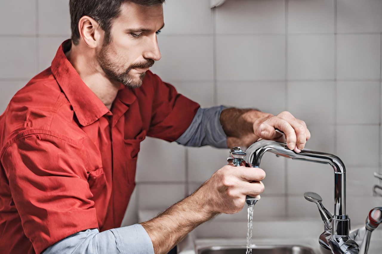 A plumber man fixing a tap